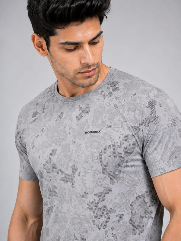 Men Jacquard Camo Active T-Shirt - Ash Grey - Zyphor