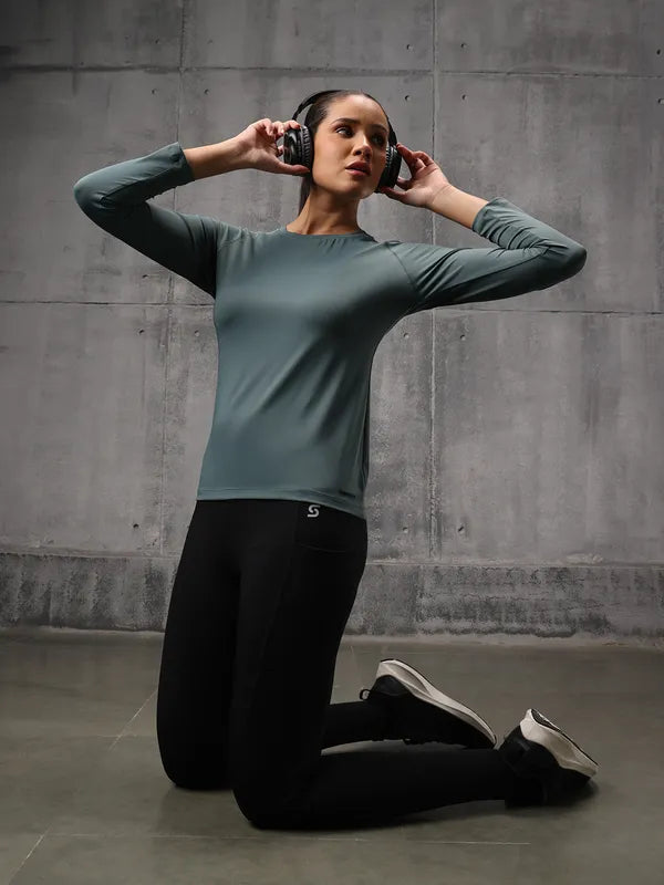 Seafoam Green Nylon Lycra Full Sleeve T-Shirt For Women