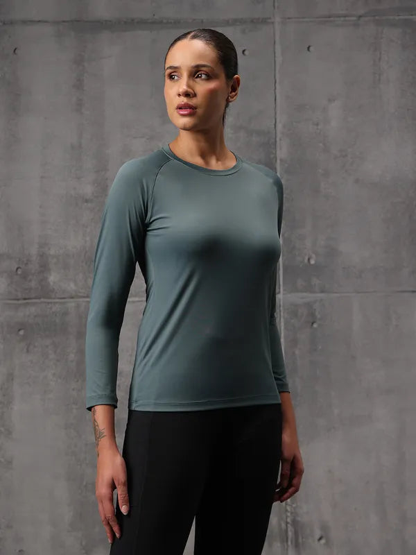 Seafoam Green Nylon Lycra Full Sleeve T-Shirt For Women