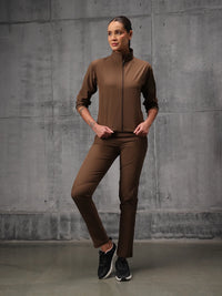 Flow-Brown Iron Wood Nylon Crush Track Suit For Women