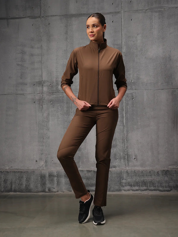 Flow-Brown Iron Wood Nylon Crush Track Suit For Women