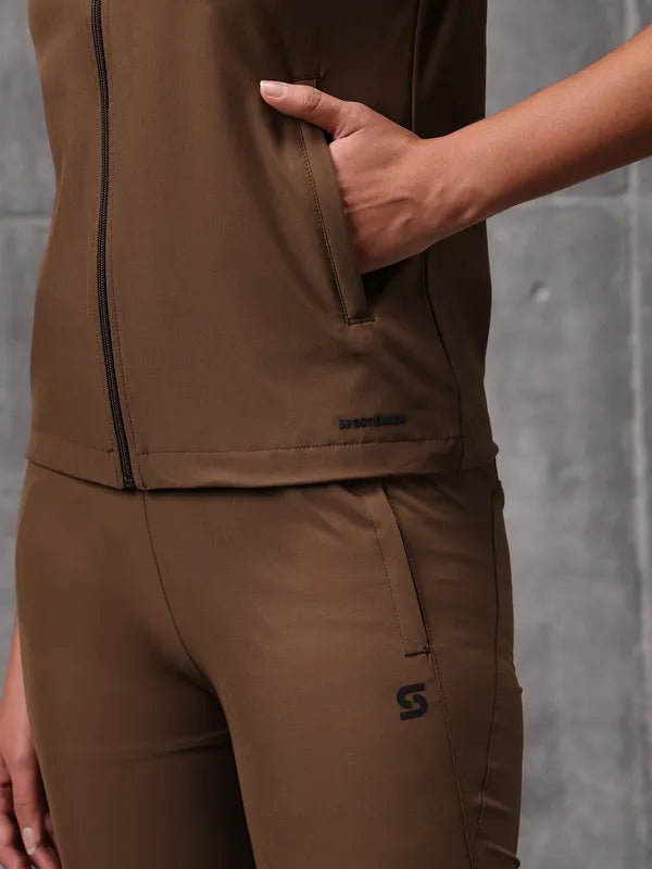 Flow-Brown Iron Wood Nylon Crush Track Suit For Women