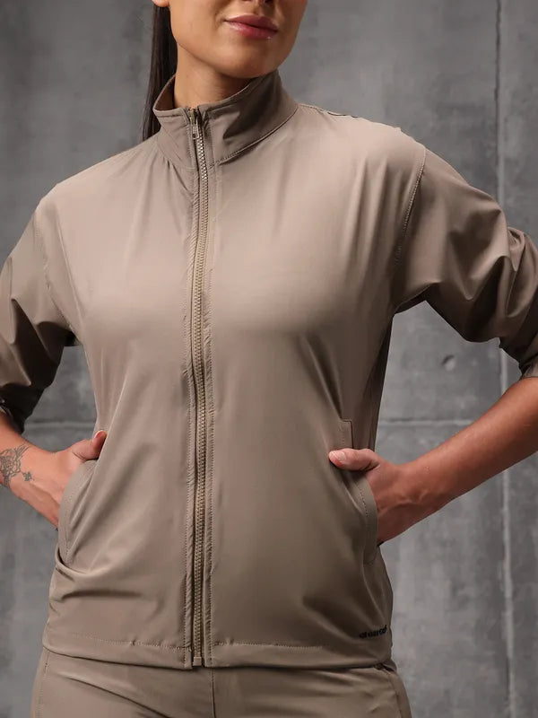 Pale Taupe Nylon Crush Track Suit For Women