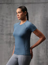 Neo-Mineral Blue Nylon Lycra Round Neck T-Shirt For Women