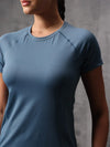 Neo-Mineral Blue Nylon Lycra Round Neck T-Shirt For Women