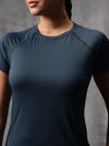 Teal Stormy Tide Nylon Lycra Round Neck T-Shirt For Women