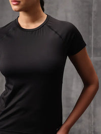 Neo-Black Nylon Lycra Round Neck T-Shirt For Women