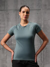 Shadow Teal Nylon Lycra Round Neck T-Shirt For Women