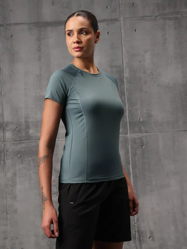 Shadow Teal Nylon Lycra Round Neck T-Shirt For Women