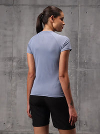 Slate Blue Vapo Knit Round Neck T-Shirt For Women