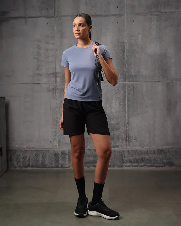 Slate Blue Vapo Knit Round Neck T-Shirt For Women
