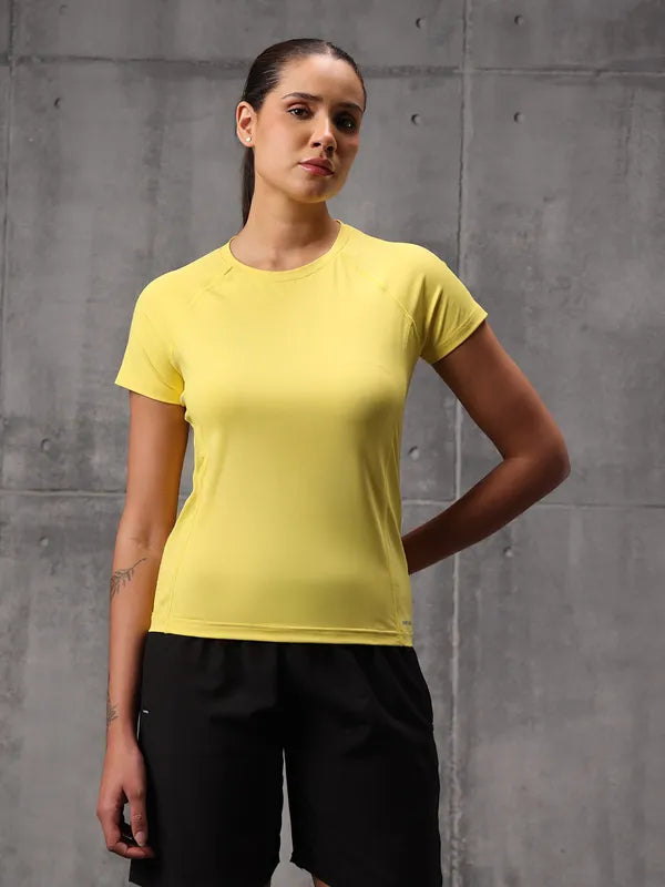 Neo-Volty Yellow Nylon Lycra Round Neck T-Shirt For Women