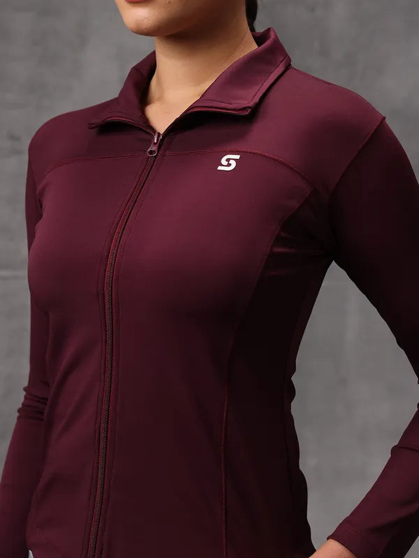 Merlot Red Lycra Dryfit 4-Way Zipper Jacket For Women